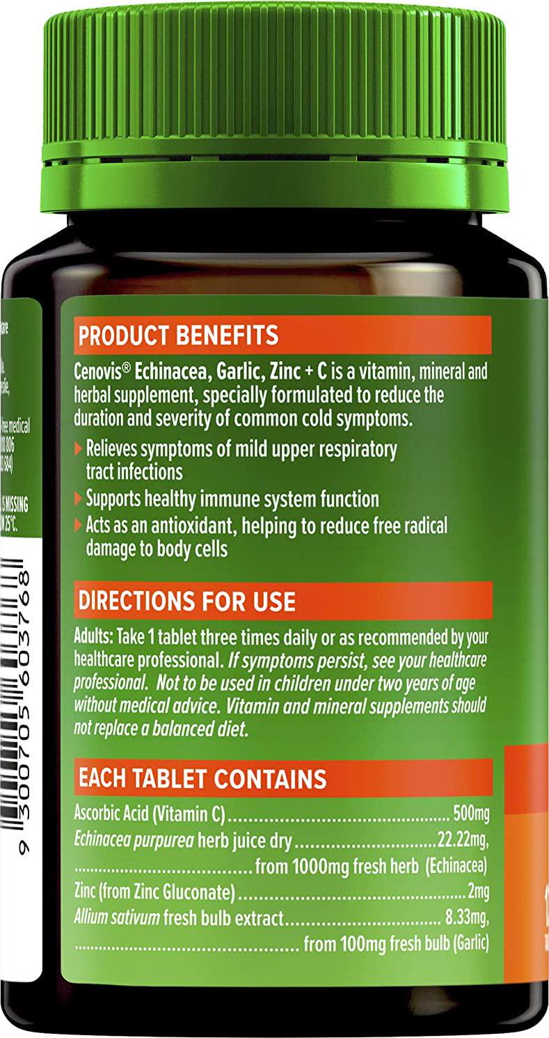 Cenovis Echinacea, Garlic, Zinc + C - Reduces Duration and Severity of Common Cold Symptoms - Antioxidant, 125 Tablets, Mostly Green (Pack of 1)