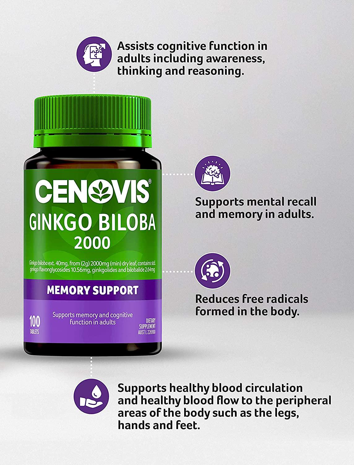 Cenovis Ginkgo Biloba 2000 - Supports Memory and Mental Recall in Adults - Assists Cognitive Function, 100 Tablets, Mostly Green (Pack of 1)