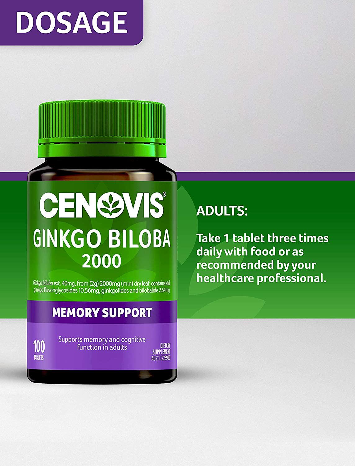 Cenovis Ginkgo Biloba 2000 - Supports Memory and Mental Recall in Adults - Assists Cognitive Function, 100 Tablets, Mostly Green (Pack of 1)