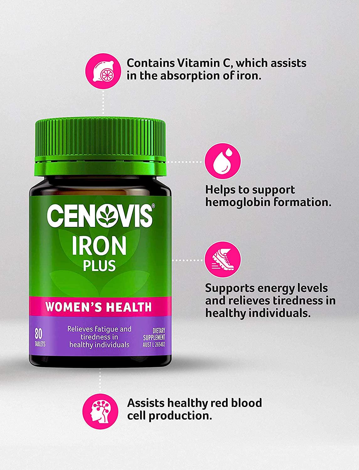 Cenovis Iron Plus Tablets, Assists Absorption, Supports Energy Levels, Relieves Fatigue, Mostly Green, 80 Count (Pack of 1)
