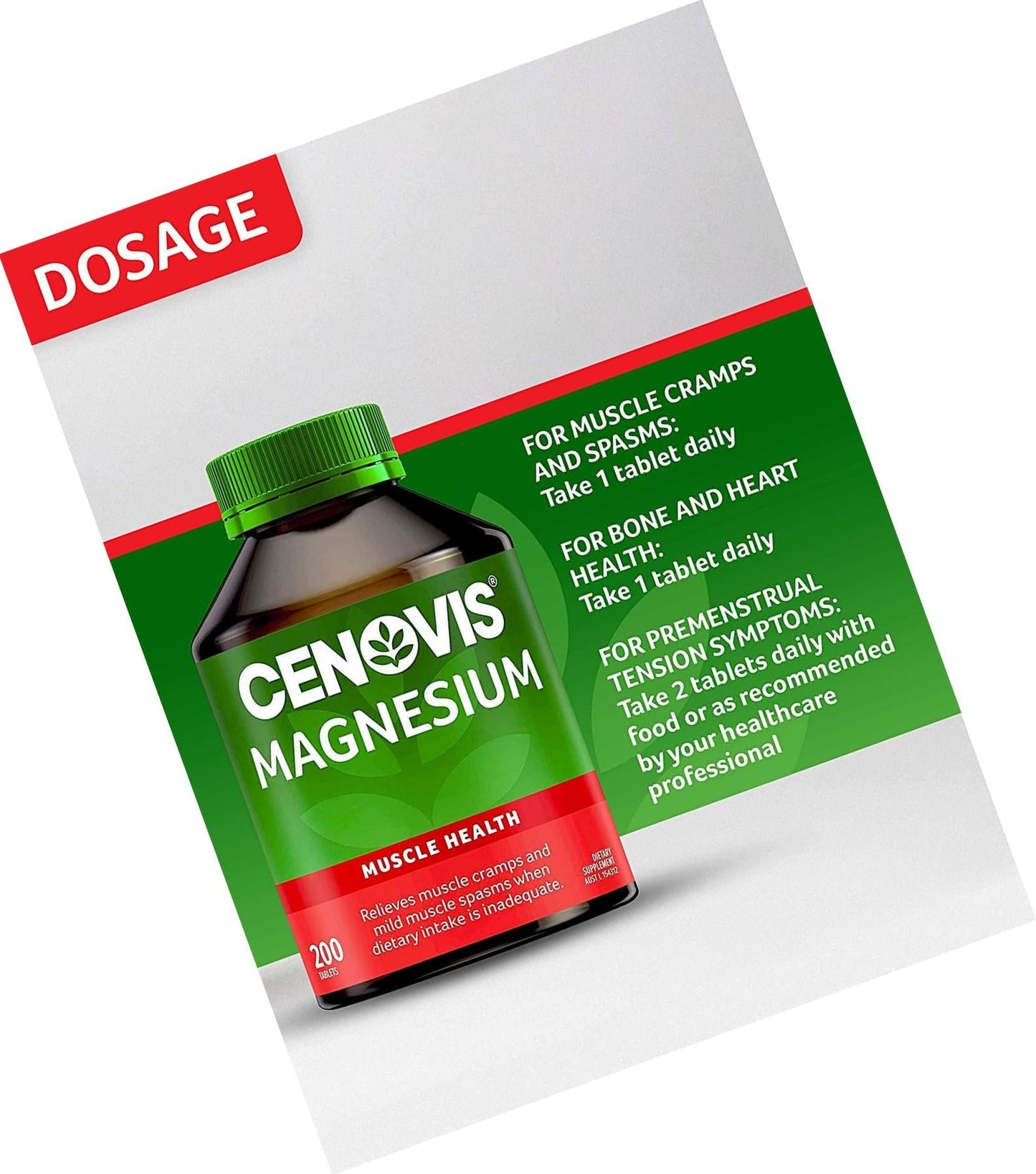Cenovis Magnesium Tablets Muscle Health Supplement - Relieves muscle cramps and mild muscle spasms when dietary intake is inadequate, 200 Pack