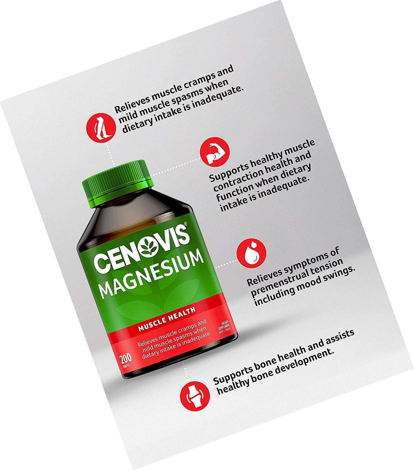 Cenovis Magnesium Tablets Muscle Health Supplement - Relieves muscle cramps and mild muscle spasms when dietary intake is inadequate, 200 Pack