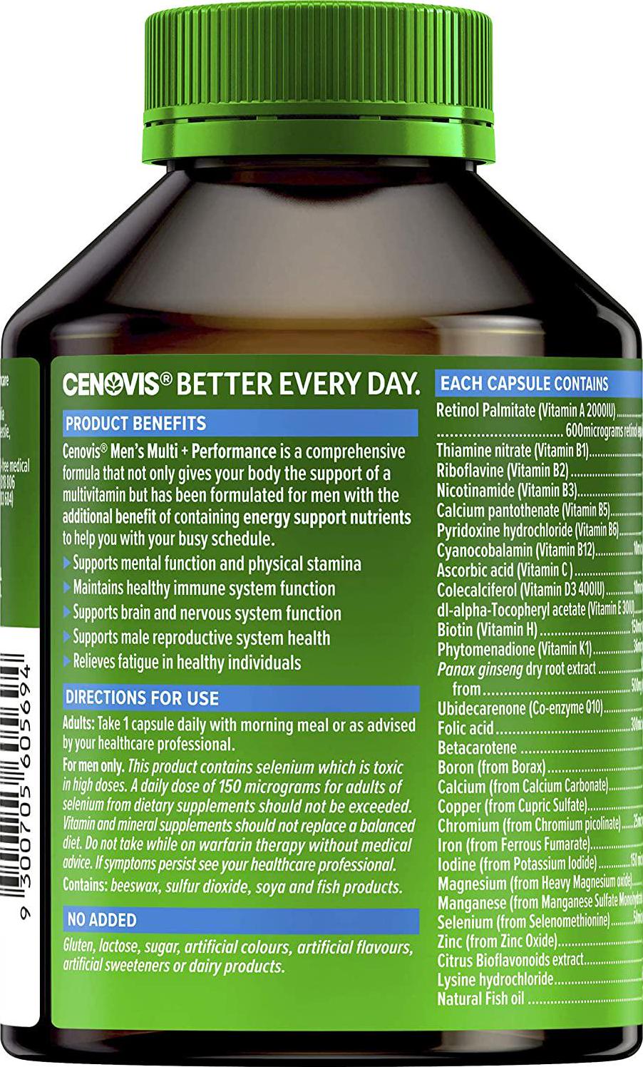 Cenovis Men s Multivitamin + Performance - Supports Mental Function and Physical Stamina - Relieves Fatigue, Multi Vitamin 100 Capsules