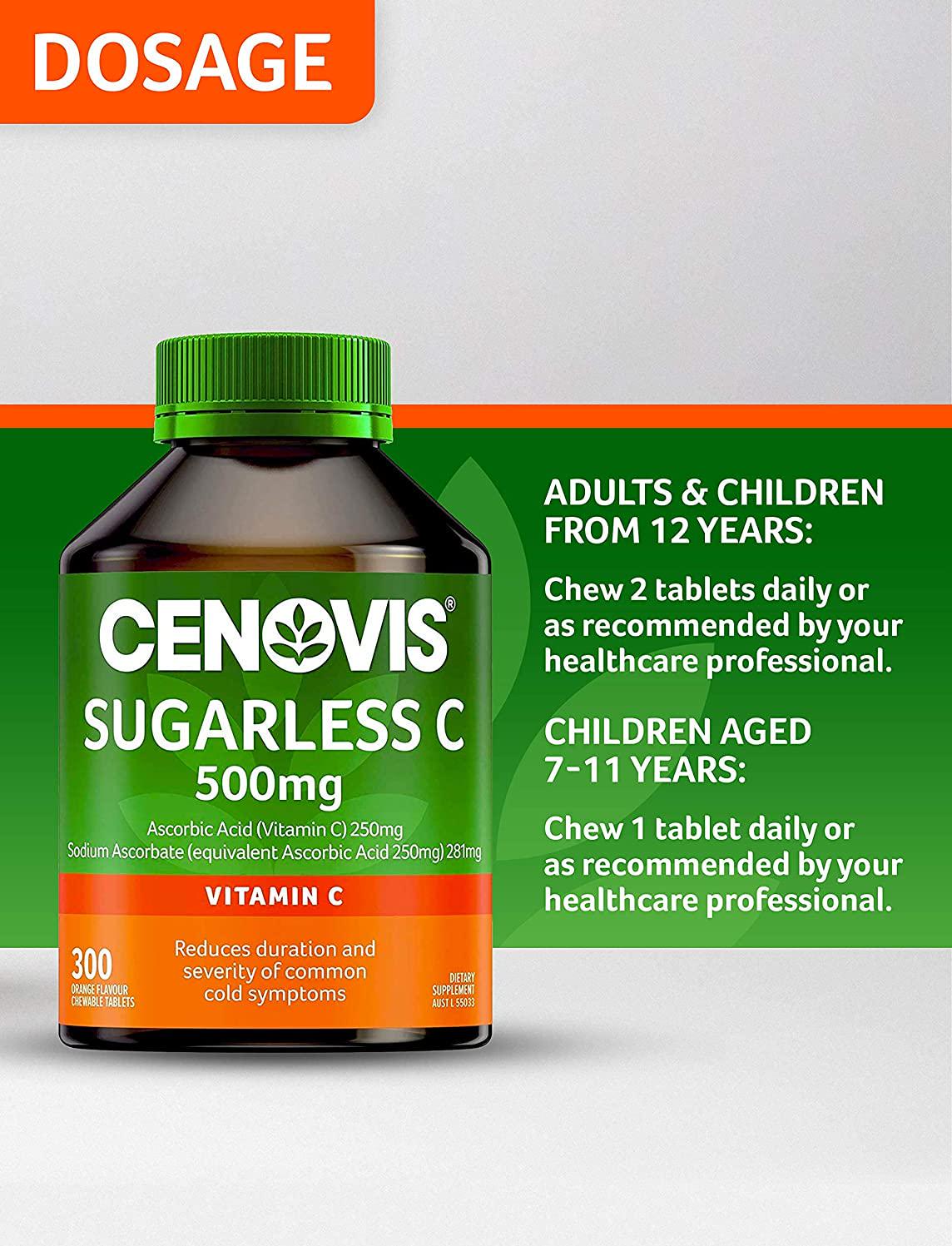 Cenovis Sugarless C 500mg - Chewable Vitamin C Tablets - Relieves the Severity of Common Cold Symptoms, 300 Tablets (Pack of 1)