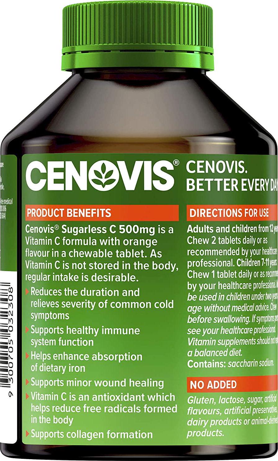 Cenovis Sugarless C 500mg - Chewable Vitamin C Tablets - Relieves the Severity of Common Cold Symptoms, 300 Tablets (Pack of 1)