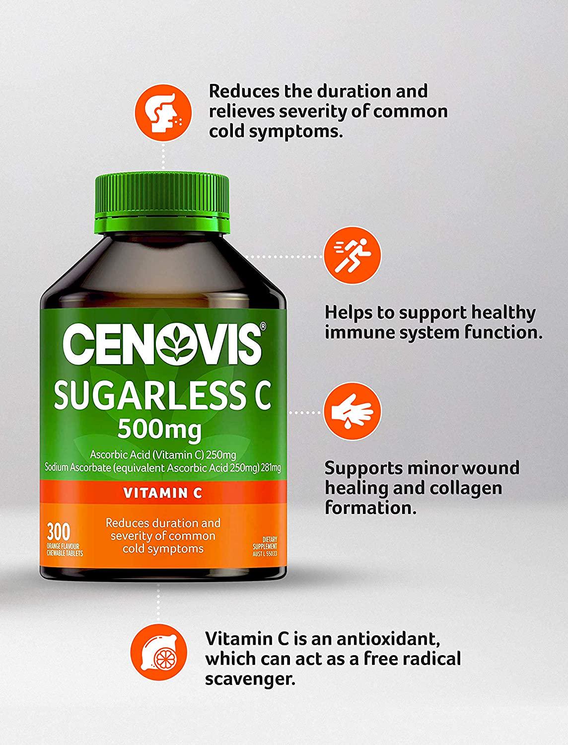Cenovis Sugarless C 500mg - Chewable Vitamin C Tablets - Relieves the Severity of Common Cold Symptoms, 300 Tablets (Pack of 1)