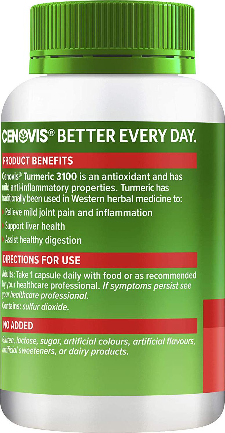 Cenovis Turmeric 3100 with Curcuminoids for Joint Health, Relieve mild joint pain and inflammation, Support liver health used in traditional western herbal medicine, 80 Capsules
