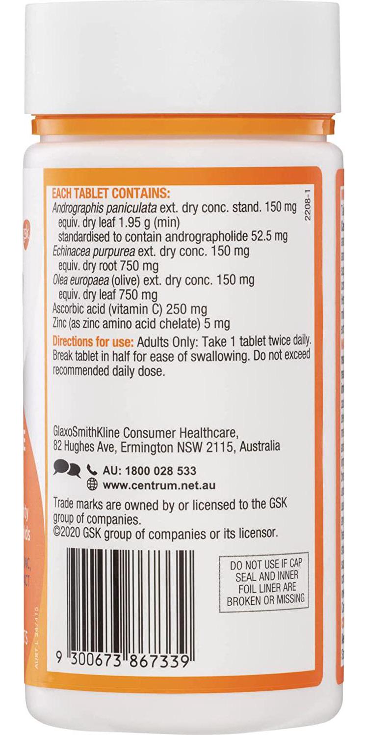 Centrum Immune Defence and Recovery with Echinacea, Zinc, Vitamin C, Andrographis and Olive leaf extract - 100 tablets