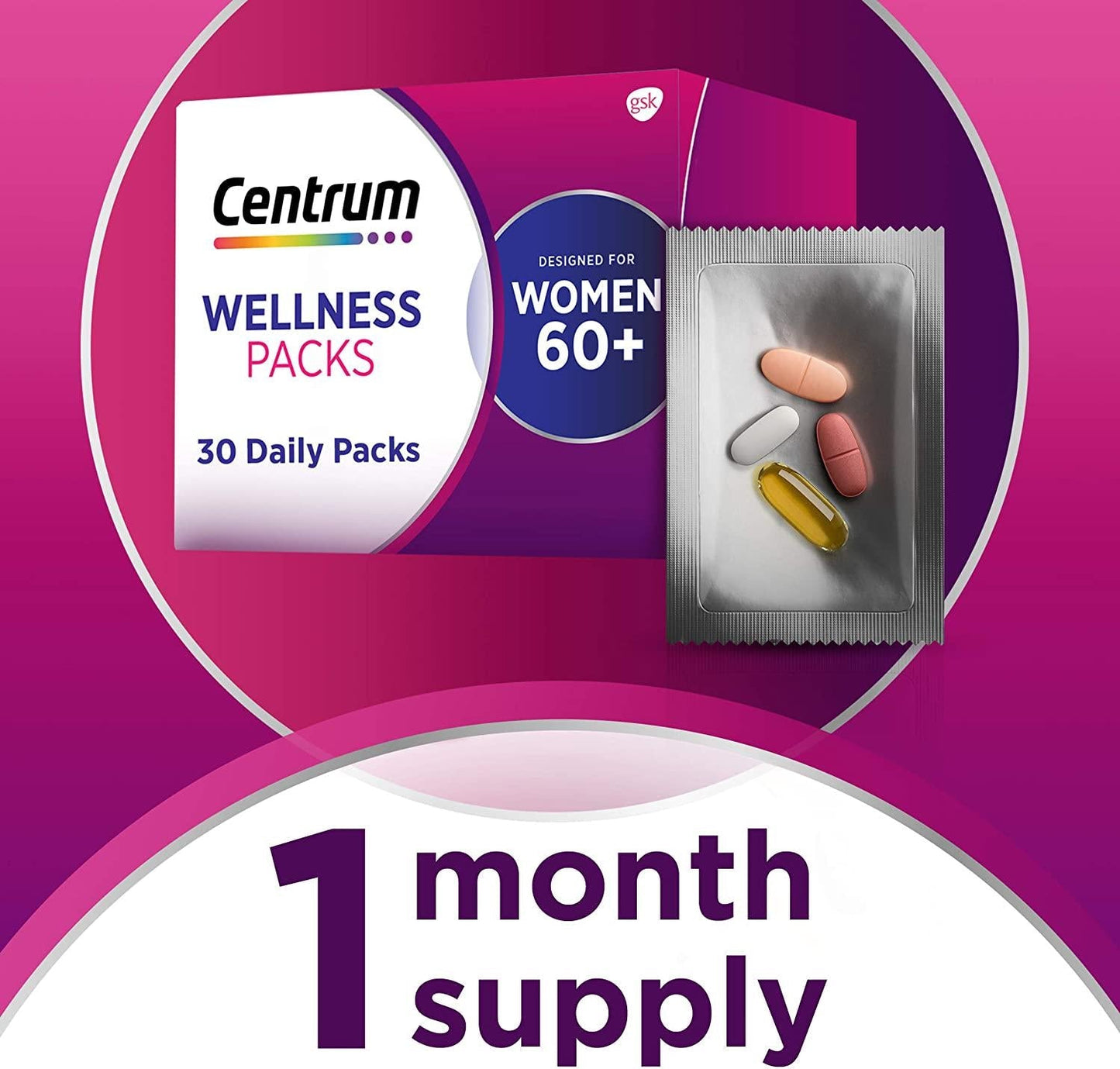 Centrum Wellness Packs Daily Vitamins with Complete Multivitamin for Women in Their 60s, Calcium Carbonate 600 mg, Fish Oil with Omega-3 and MSM 1000 mg, 1 Month Supply, 30 Count