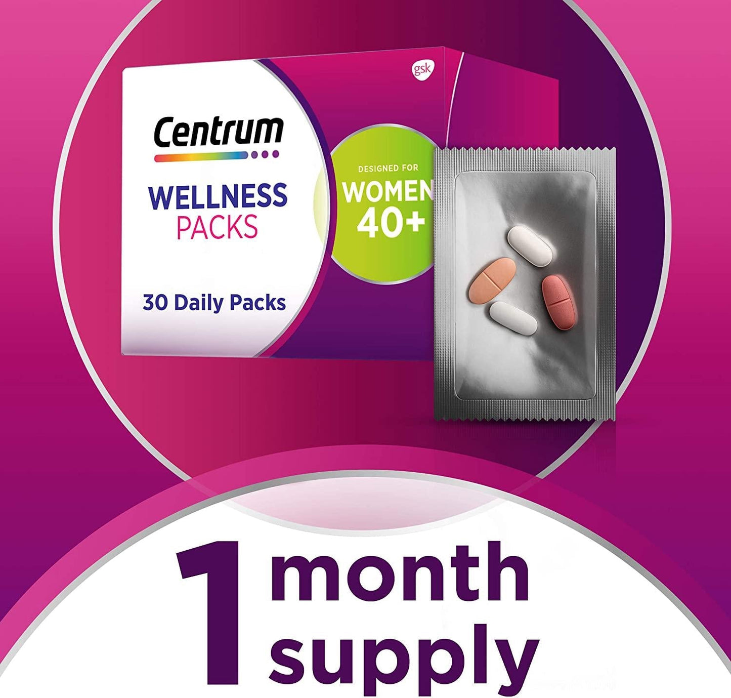 Centrum Wellness Packs Daily Vitamins for Women in Their 40s, Women’s Vitamins with Complete Multivitamin, Calcium Carbonate 600mg with Vitamin D3, Collagen I and III and MSM 1000mg - 30 Packs/1 Month