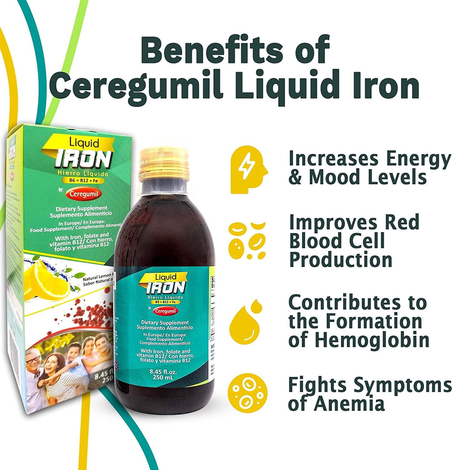 Ceregumil Liquid Iron Dietary Supplement with Folate and Vitamin B12 - Lemon Flavor (8.45 fl.oz, 250 mL)