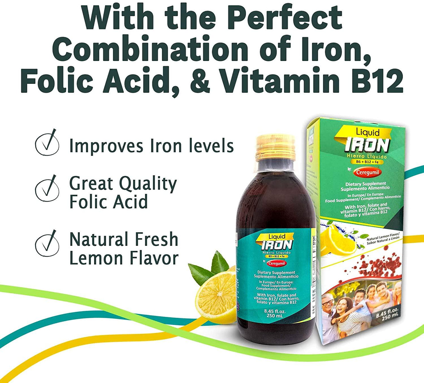 Ceregumil Liquid Iron Dietary Supplement with Folate and Vitamin B12 - Lemon Flavor (8.45 fl.oz, 250 mL)