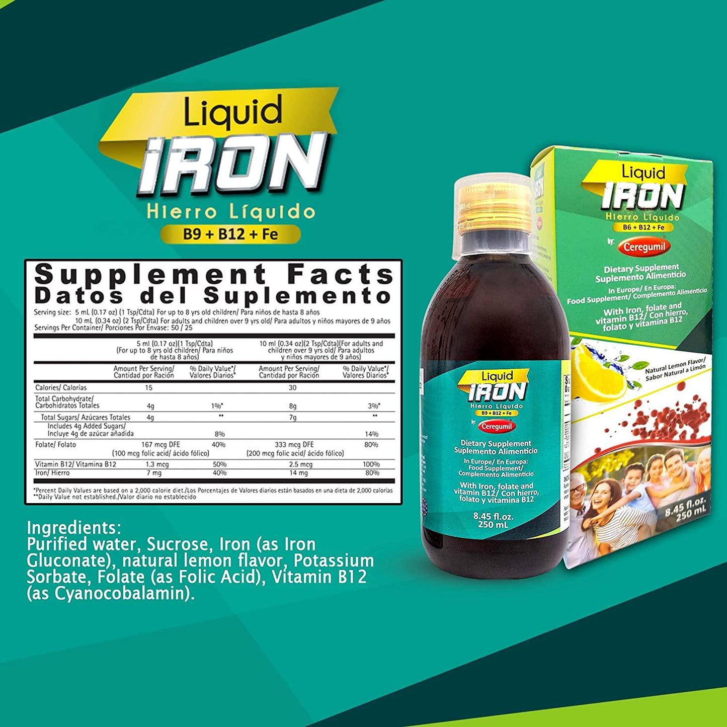 Ceregumil Liquid Iron Dietary Supplement with Folate and Vitamin B12 - Lemon Flavor (8.45 fl.oz, 250 mL)