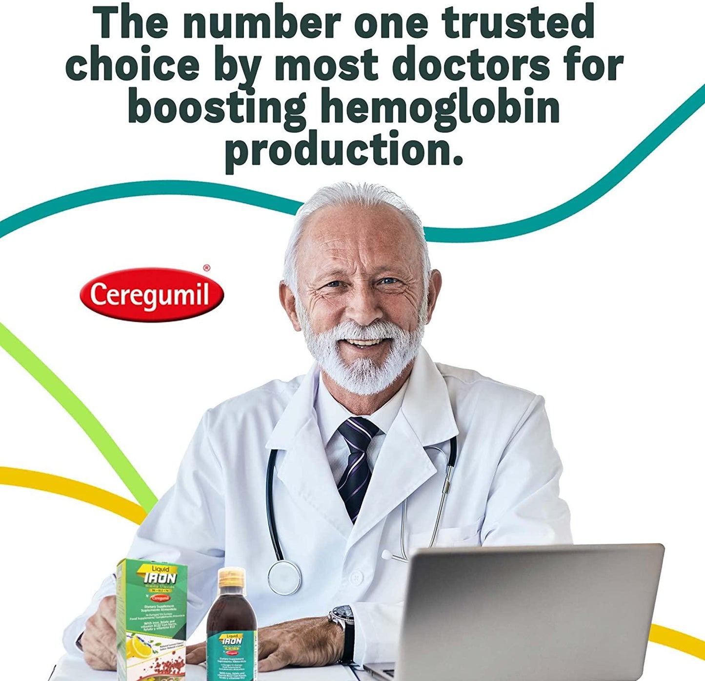 Ceregumil Liquid Iron Dietary Supplement with Folate and Vitamin B12 - Lemon Flavor (8.45 fl.oz, 250 mL)