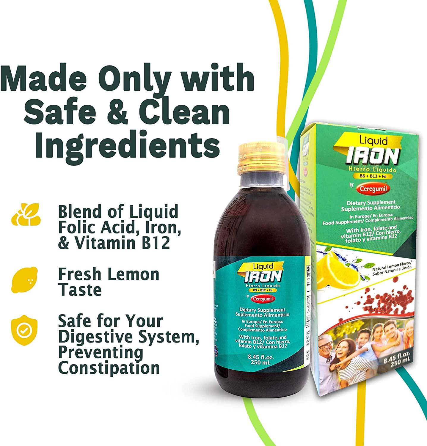 Ceregumil Liquid Iron Dietary Supplement with Folate and Vitamin B12 - Lemon Flavor (8.45 fl.oz, 250 mL)