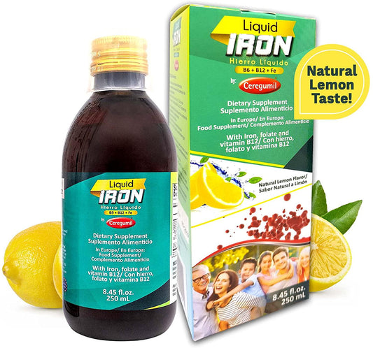 Ceregumil Liquid Iron Dietary Supplement with Folate and Vitamin B12 - Lemon Flavor (8.45 fl.oz, 250 mL)
