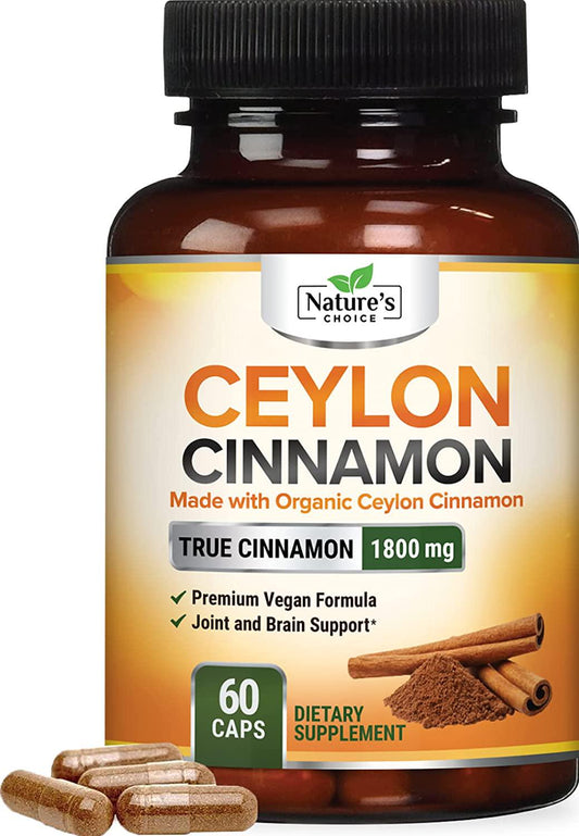 Certified Organic Ceylon Cinnamon (Made with Organic Ceylon Cinnamon) 1800mg - Organic Sri Lanka Ceylon Cinnamon Powder Caps - Best Vegan True Cinnamon Cinnamomum Verum Vitamins - 60 Capsules