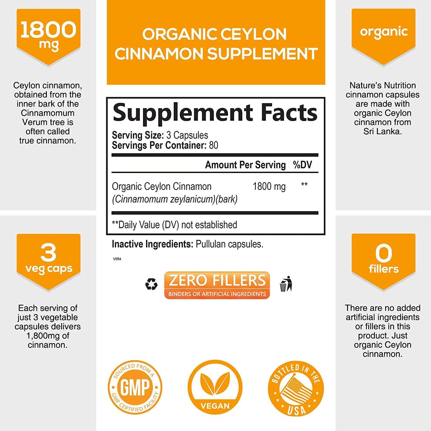 Certified Organic Ceylon Cinnamon (Made with Organic Ceylon Cinnamon) 1800mg - Organic Sri Lanka Ceylon Cinnamon Powder Caps - Best Vegan True Cinnamon Cinnamomum Verum Vitamins - 2400 Capsules