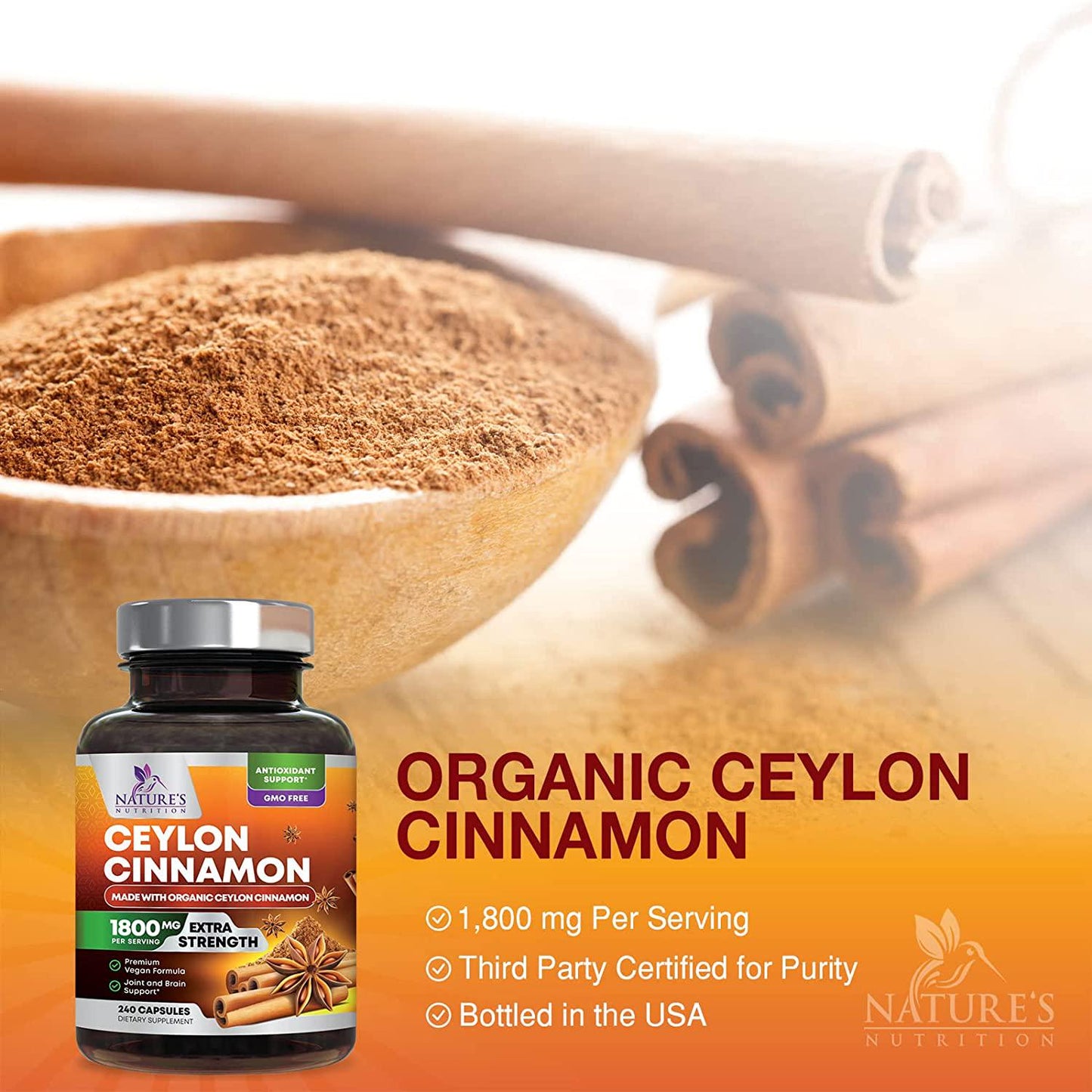 Certified Organic Ceylon Cinnamon (Made with Organic Ceylon Cinnamon) 1800mg - Organic Sri Lanka Ceylon Cinnamon Powder Caps - Best Vegan True Cinnamon Cinnamomum Verum Vitamins - 2400 Capsules