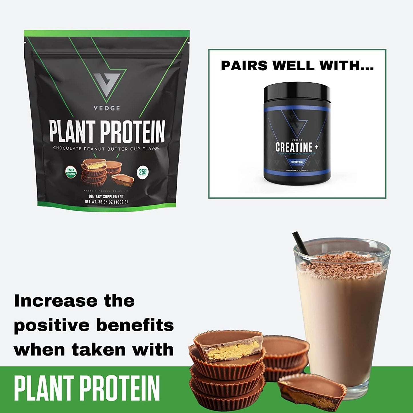 Certified Organic Plant Protein Chocolate Peanut Butter Cup (25 Servings) - Plant-Based Vegan Protein Powder, USDA Organic, Gluten Free, Non Dairy - Vedge Nutrition Plant Protein