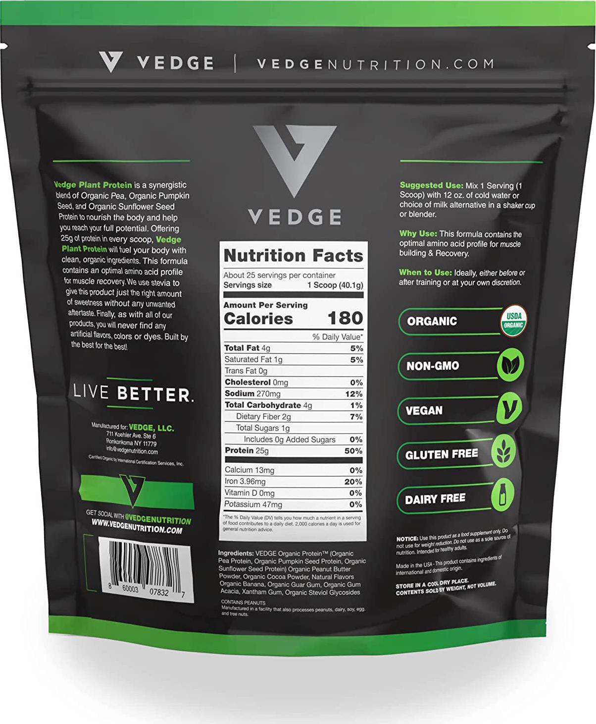 Certified Organic Plant Protein Chocolate Peanut Butter Cup (25 Servings) - Plant-Based Vegan Protein Powder, USDA Organic, Gluten Free, Non Dairy - Vedge Nutrition Plant Protein