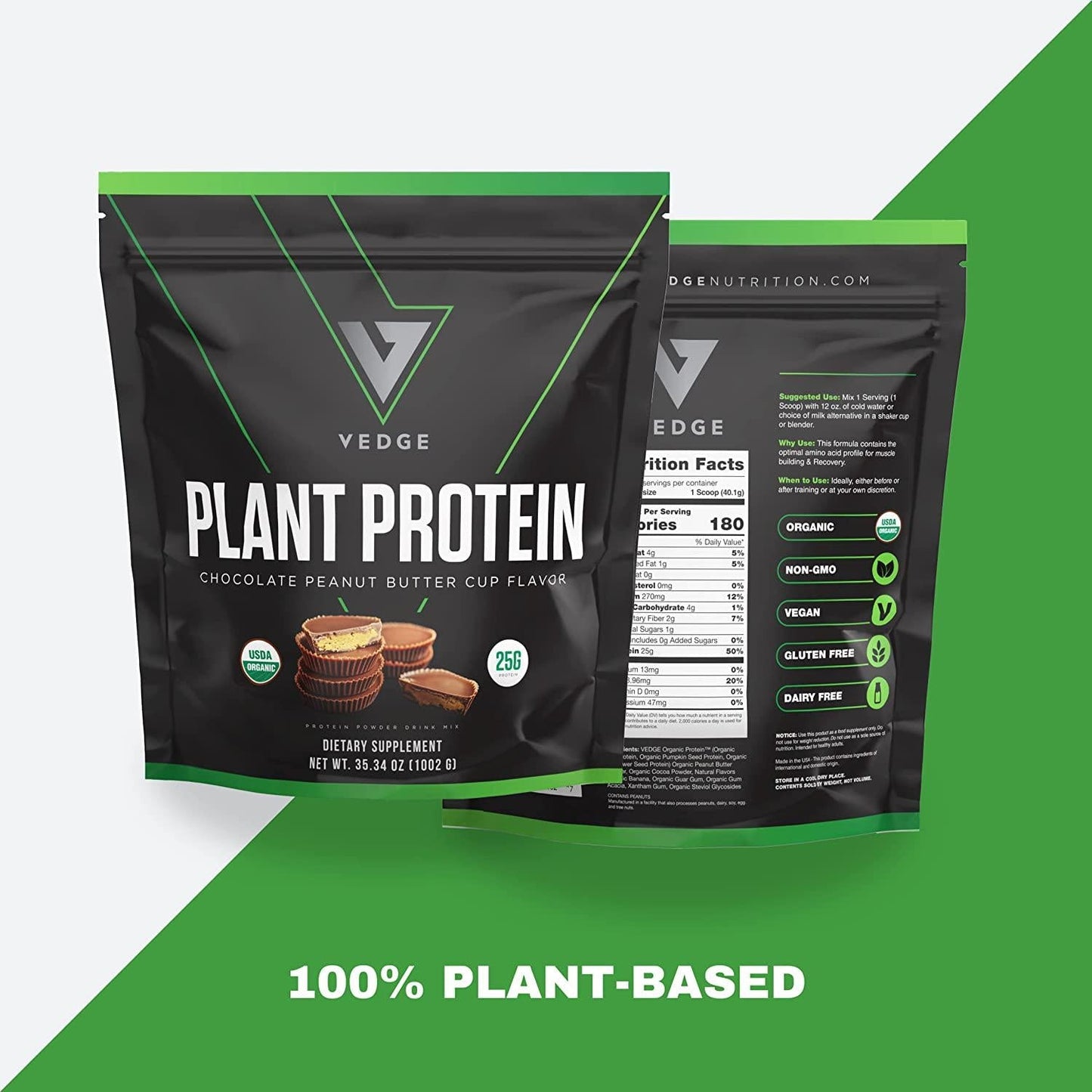 Certified Organic Plant Protein Chocolate Peanut Butter Cup (25 Servings) - Plant-Based Vegan Protein Powder, USDA Organic, Gluten Free, Non Dairy - Vedge Nutrition Plant Protein
