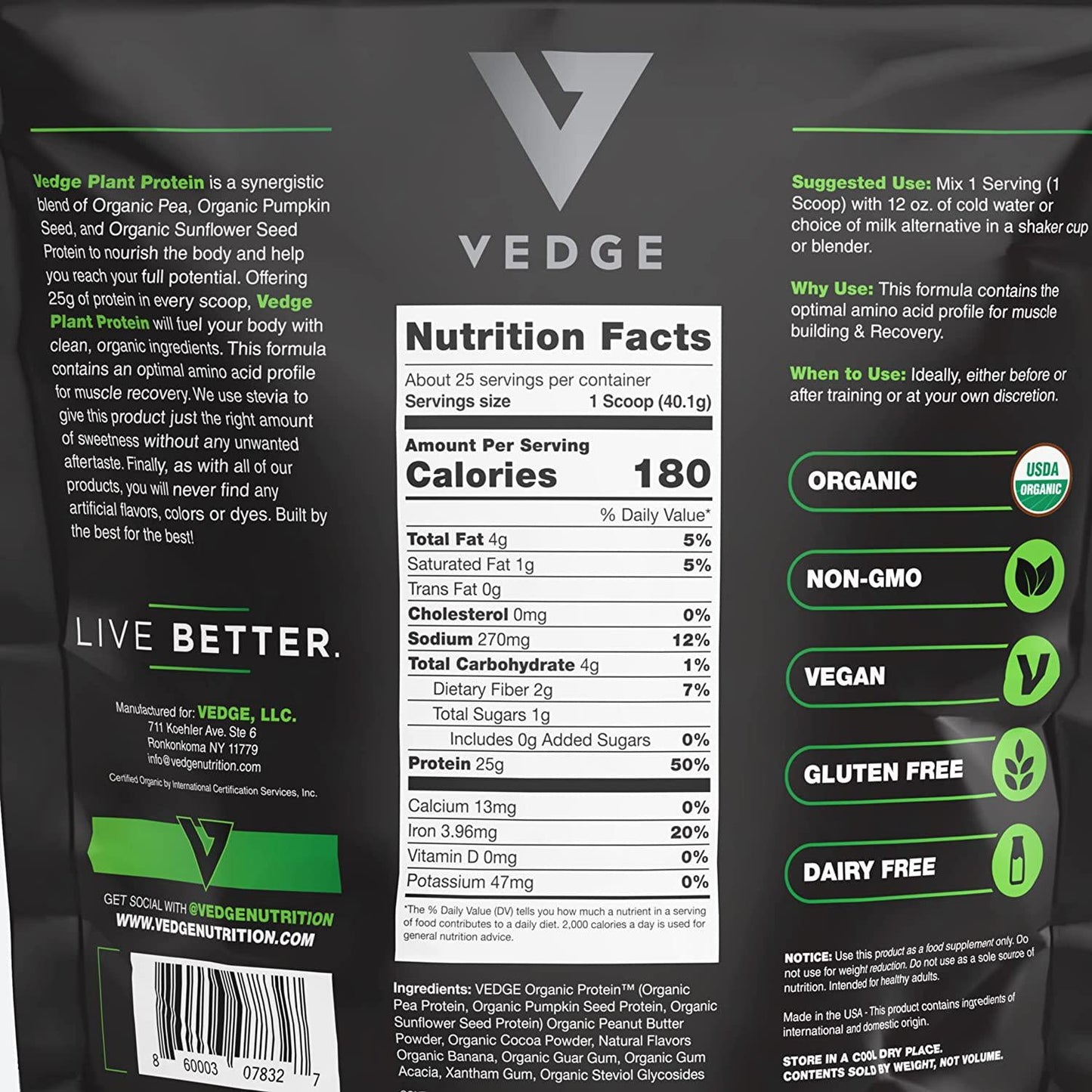 Certified Organic Plant Protein Chocolate Peanut Butter Cup (25 Servings) - Plant-Based Vegan Protein Powder, USDA Organic, Gluten Free, Non Dairy - Vedge Nutrition Plant Protein