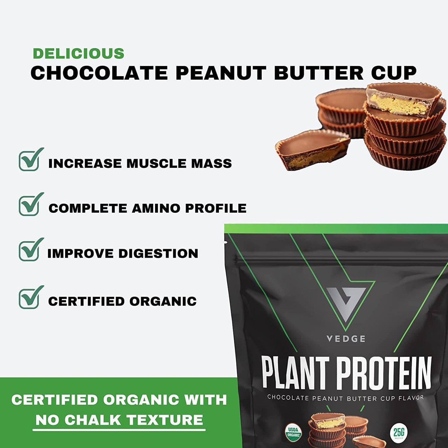 Certified Organic Plant Protein Chocolate Peanut Butter Cup (25 Servings) - Plant-Based Vegan Protein Powder, USDA Organic, Gluten Free, Non Dairy - Vedge Nutrition Plant Protein
