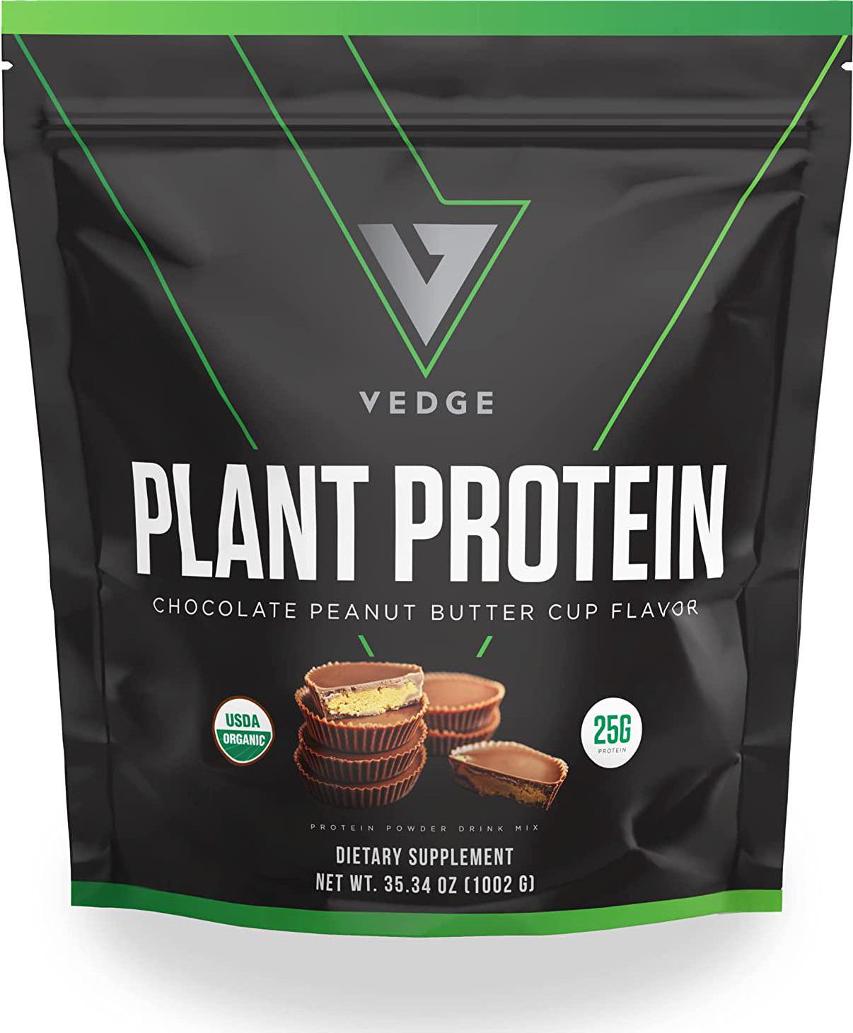 Certified Organic Plant Protein Chocolate Peanut Butter Cup (25 Servings) - Plant-Based Vegan Protein Powder, USDA Organic, Gluten Free, Non Dairy - Vedge Nutrition Plant Protein