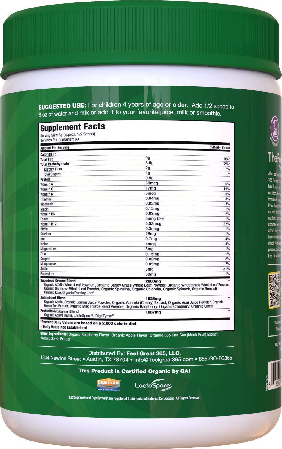 Certified USDA Organic Superfood Greens for Kids Berry Juice Powder by Feel Great 365 | Prebiotics, Probiotics and Digestive Enzymes | Non-GMO, Vegan, Gluten-Free and Dairy-Free w/Immune Support*