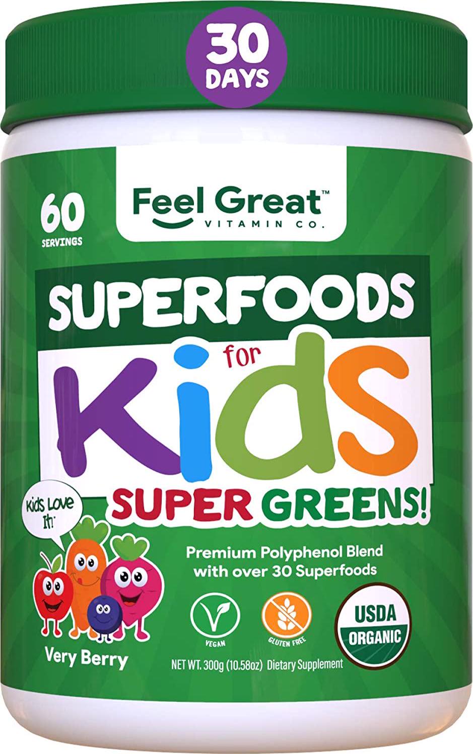 Certified USDA Organic Superfood Greens for Kids Berry Juice Powder by Feel Great 365 | Prebiotics, Probiotics and Digestive Enzymes | Non-GMO, Vegan, Gluten-Free and Dairy-Free w/Immune Support*