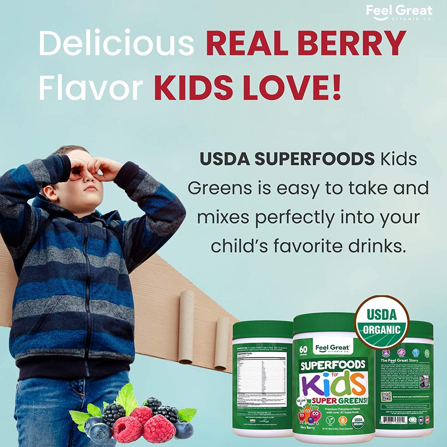 Certified USDA Organic Superfood Greens for Kids Berry Juice Powder by Feel Great 365 | Prebiotics, Probiotics and Digestive Enzymes | Non-GMO, Vegan, Gluten-Free and Dairy-Free w/Immune Support*