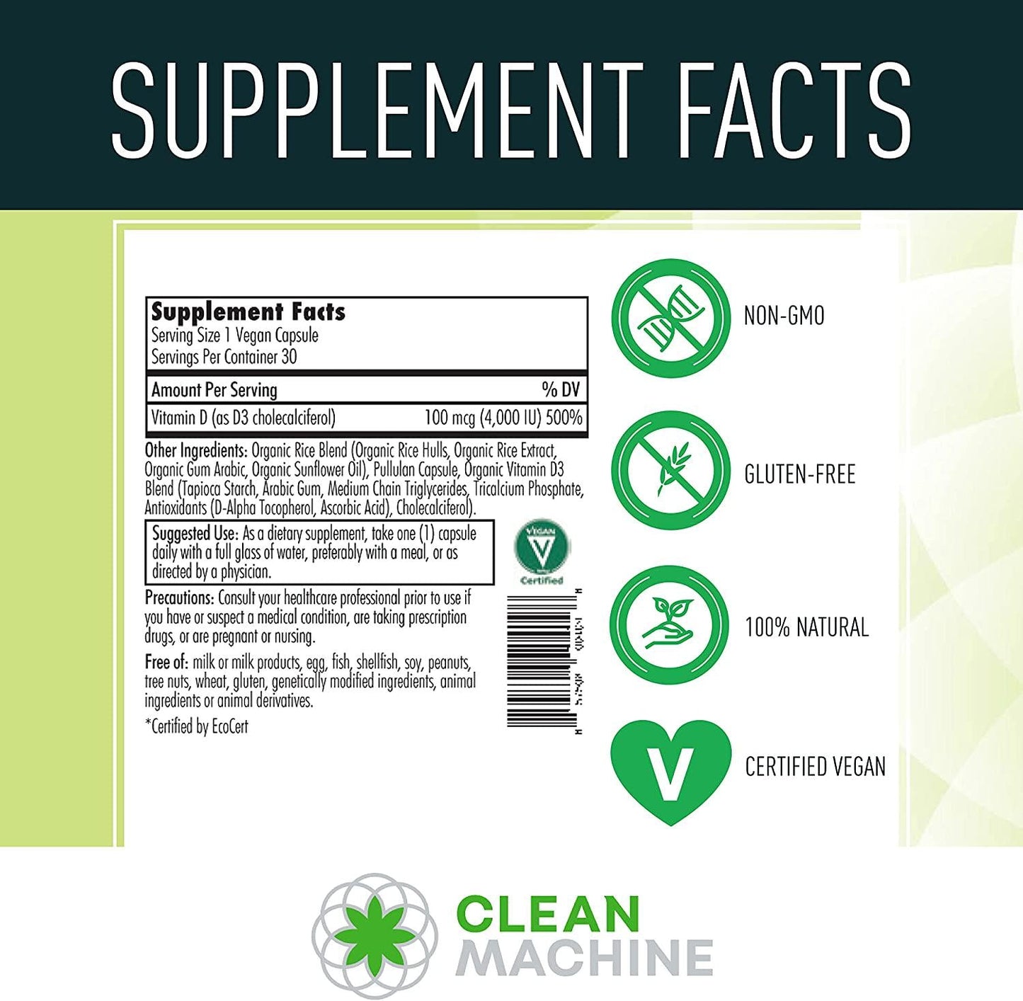 Certified Vegan Plant Based Vitamin D3 4000 IU - Natural D3 Supplement for Optimal Health - 30 Capsules