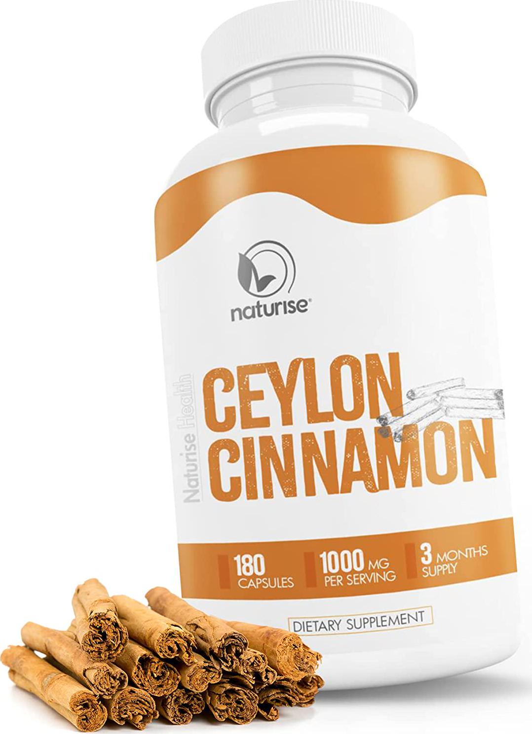Ceylon Cinnamon Capsules (Made with Organic Cinnamon Powder) Kosher 180 Cinammon Capsules, 1000mg, 90-Day Supply, Non-GMO, Vegan, Healthy Blood Sugar Support Supplements, Helps with Weight Management