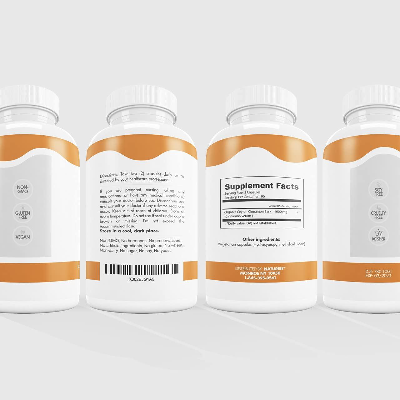 Ceylon Cinnamon Capsules (Made with Organic Cinnamon Powder) Kosher 180 Cinammon Capsules, 1000mg, 90-Day Supply, Non-GMO, Vegan, Healthy Blood Sugar Support Supplements, Helps with Weight Management