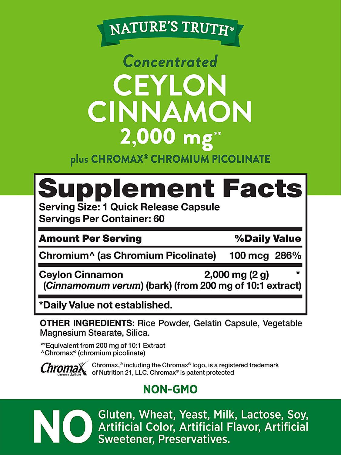Ceylon Cinnamon Capsules | 2000mg | 60 Count | Non-GMO and Gluten Free | Plus Chromium | by Natures Truth