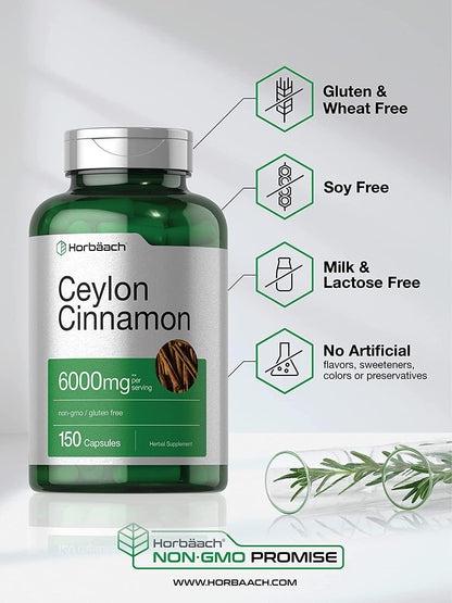 Ceylon Cinnamon Capsules | 2000 mg | 150 Count | Non-GMO and Gluten Free Pills | by Horbaach