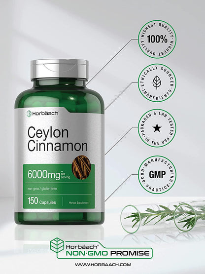 Ceylon Cinnamon Capsules | 2000 mg | 150 Count | Non-GMO and Gluten Free Pills | by Horbaach