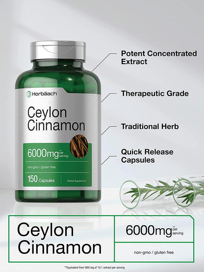 Ceylon Cinnamon Capsules | 2000 mg | 150 Count | Non-GMO and Gluten Free Pills | by Horbaach