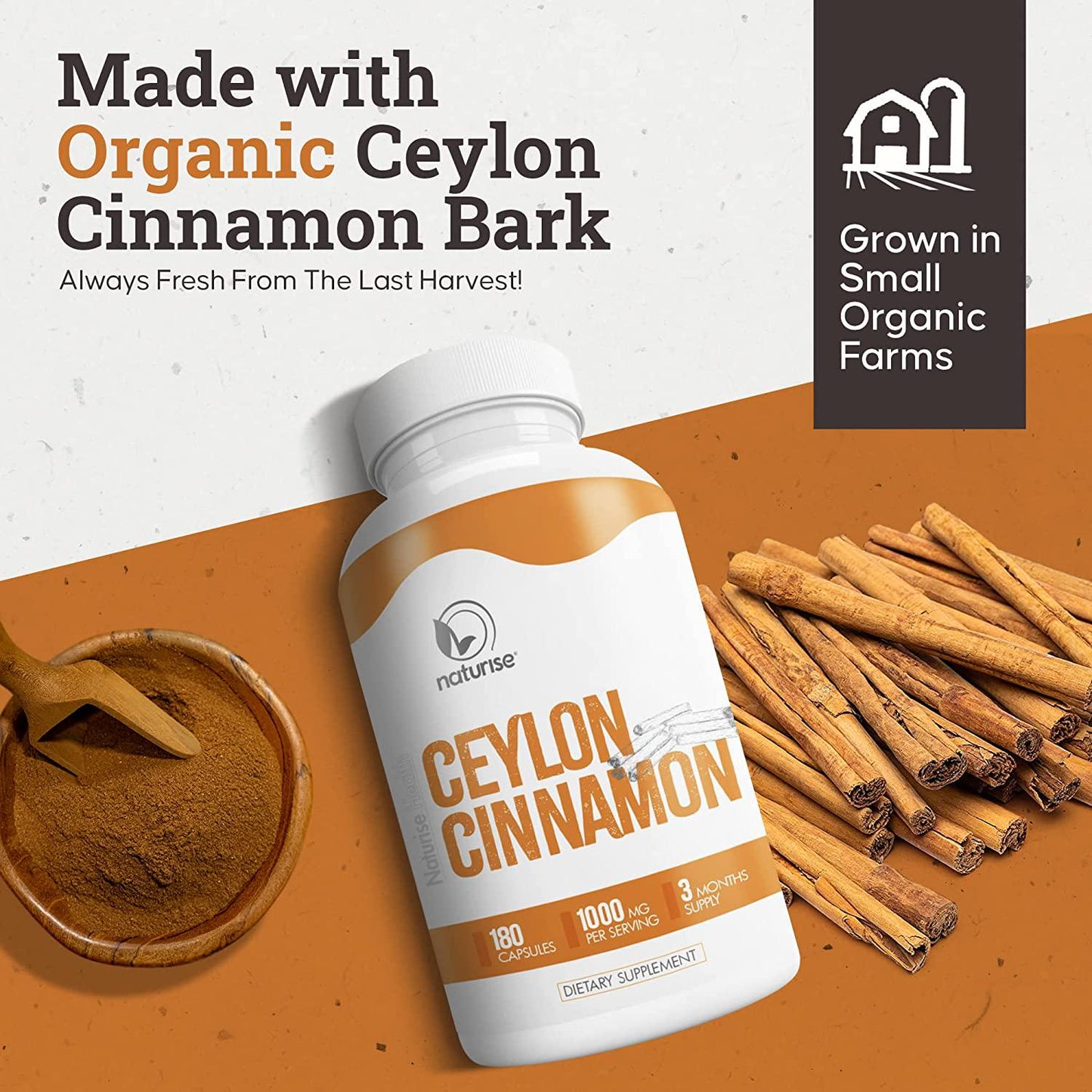 Ceylon Cinnamon Capsules (Made with Organic Cinnamon Powder) Kosher 180 Cinammon Capsules, 1000mg, 90-Day Supply, Non-GMO, Vegan, Healthy Blood Sugar Support Supplements, Helps with Weight Management