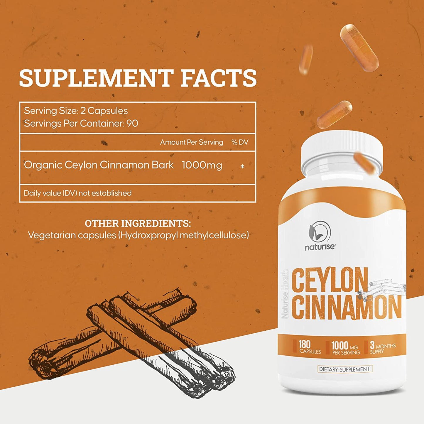 Ceylon Cinnamon Capsules (Made with Organic Cinnamon Powder) Kosher 180 Cinammon Capsules, 1000mg, 90-Day Supply, Non-GMO, Vegan, Healthy Blood Sugar Support Supplements, Helps with Weight Management