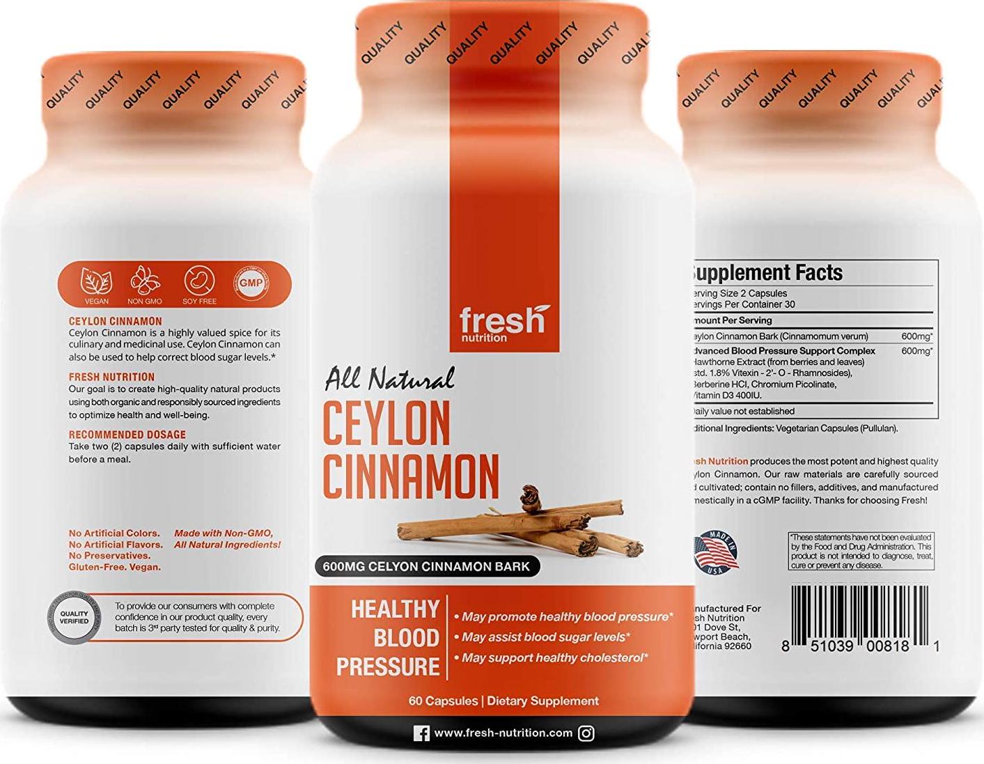 Ceylon Cinnamon Capsules - Blood Pressure Formula Containing Cinnamon Bark Powder and Advanced Blood Pressure Support Complex - Hawthorn Extract - Berberine HCI - Chromium Picolinate and Vitamin D3