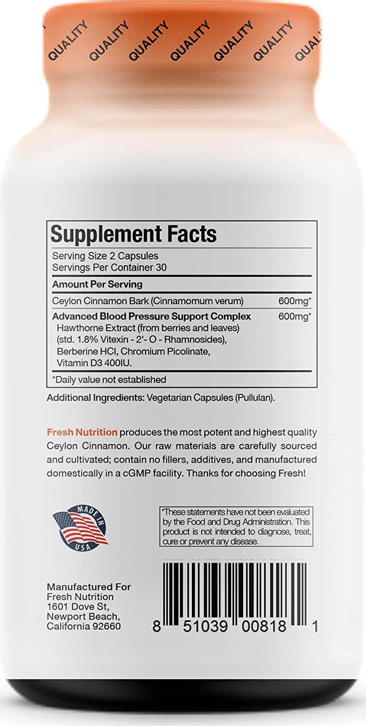 Ceylon Cinnamon Capsules - Blood Pressure Formula Containing Cinnamon Bark Powder and Advanced Blood Pressure Support Complex - Hawthorn Extract - Berberine HCI - Chromium Picolinate and Vitamin D3