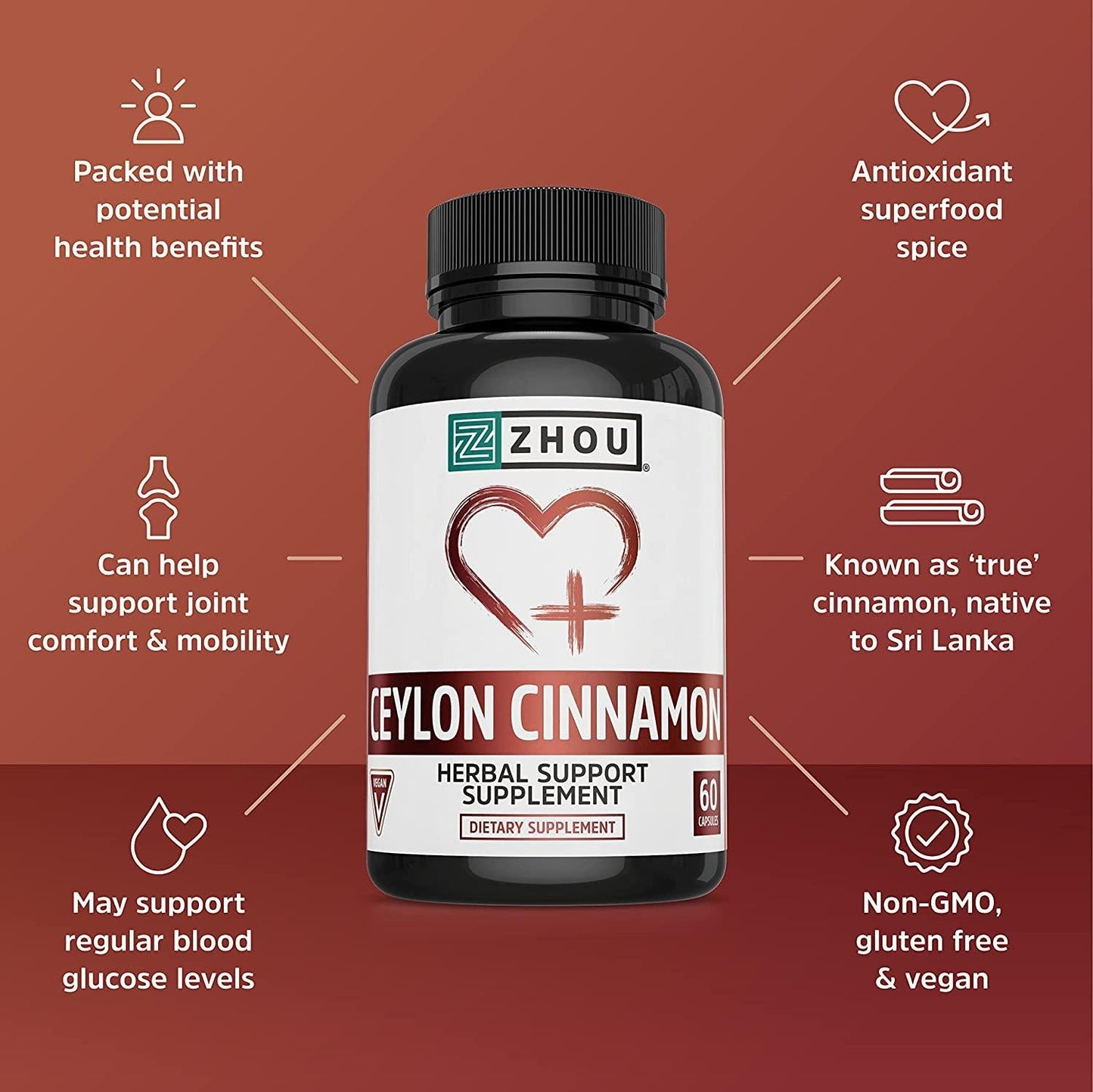 Ceylon Cinnamon Capsules - Designed to Support Blood Sugar, Heart Health and Joint Mobility - ‘ True Cinnamon ’ Native to Sri Lanka - 1200mg per serving