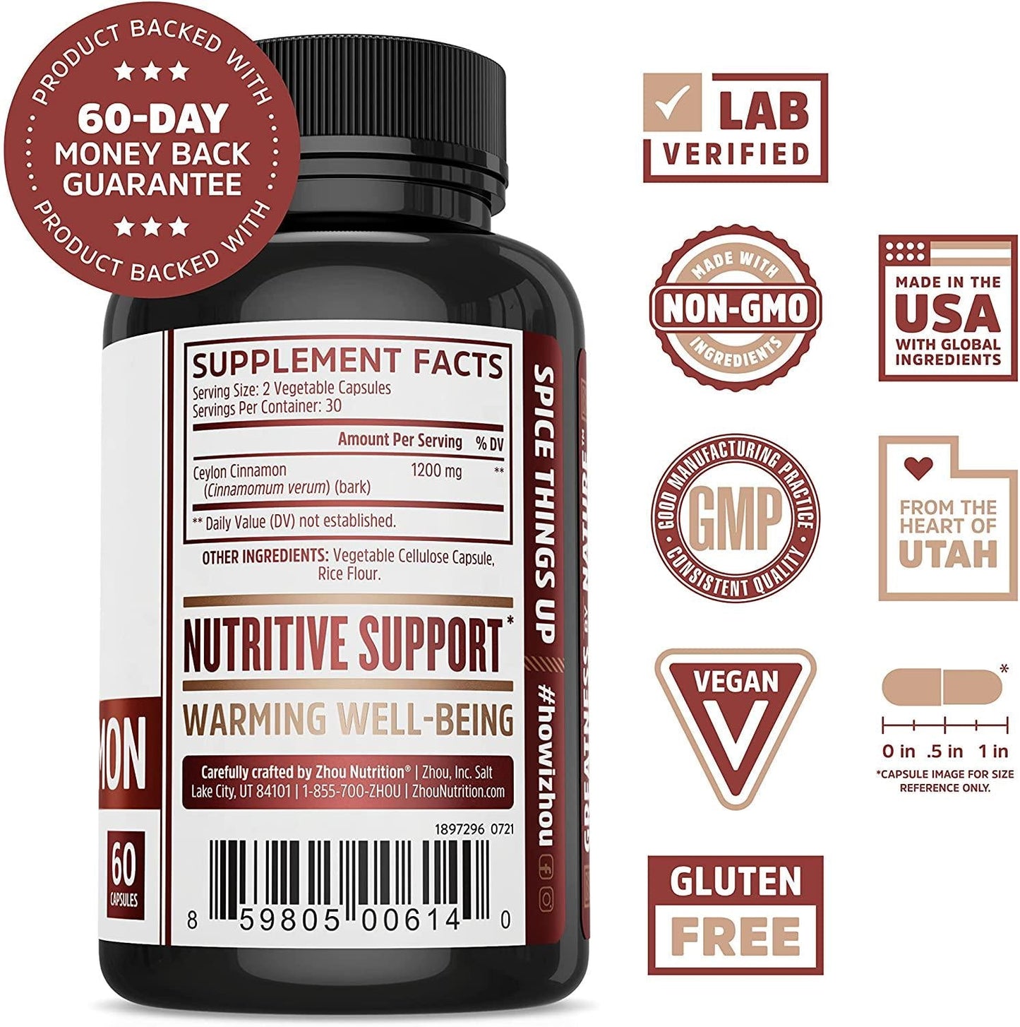 Ceylon Cinnamon Capsules - Designed to Support Blood Sugar, Heart Health and Joint Mobility - ‘ True Cinnamon ’ Native to Sri Lanka - 1200mg per serving