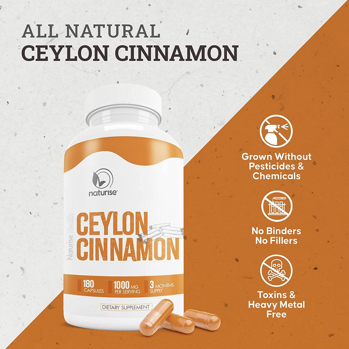 Ceylon Cinnamon Capsules (Made with Organic Cinnamon Powder) Kosher 180 Cinammon Capsules, 1000mg, 90-Day Supply, Non-GMO, Vegan, Healthy Blood Sugar Support Supplements, Helps with Weight Management