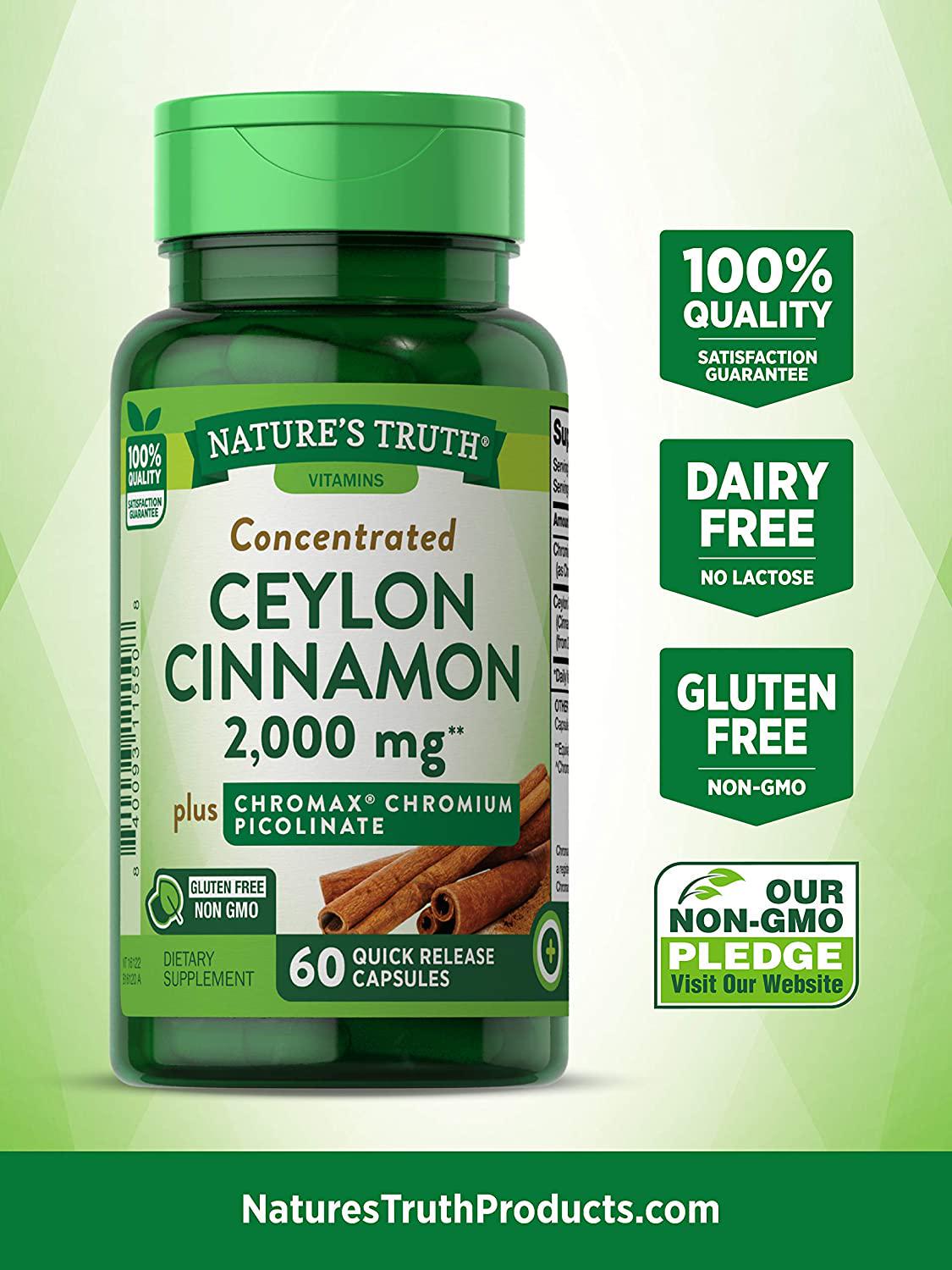 Ceylon Cinnamon Capsules | 2000mg | 60 Count | Non-GMO and Gluten Free | Plus Chromium | by Natures Truth