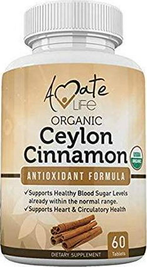 Ceylon Cinnamon USDA Organic Certified 1000mg Antioxidant Neuro-Protective Nutritional Supplement Cardiovascular Natural Non-GMO Cholesterol Glucose Control for Men and Women 60 Tablets by Amate Life