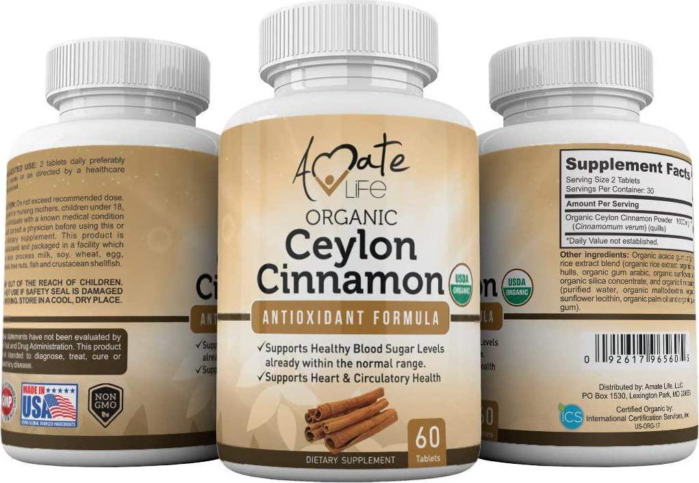 Ceylon Cinnamon USDA Organic Certified 1000mg Antioxidant Neuro-Protective Nutritional Supplement Cardiovascular Natural Non-GMO Cholesterol Glucose Control for Men and Women 60 Tablets by Amate Life