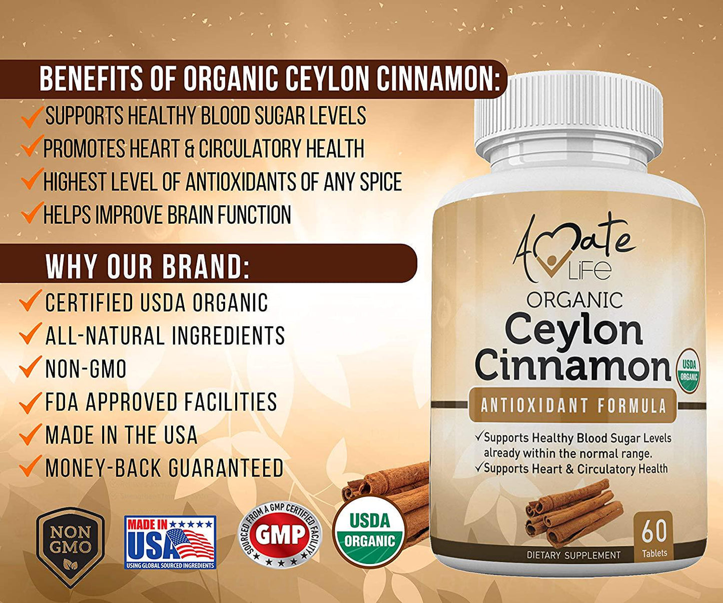 Ceylon Cinnamon USDA Organic Certified 1000mg Antioxidant Neuro-Protective Nutritional Supplement Cardiovascular Natural Non-GMO Cholesterol Glucose Control for Men and Women 60 Tablets by Amate Life